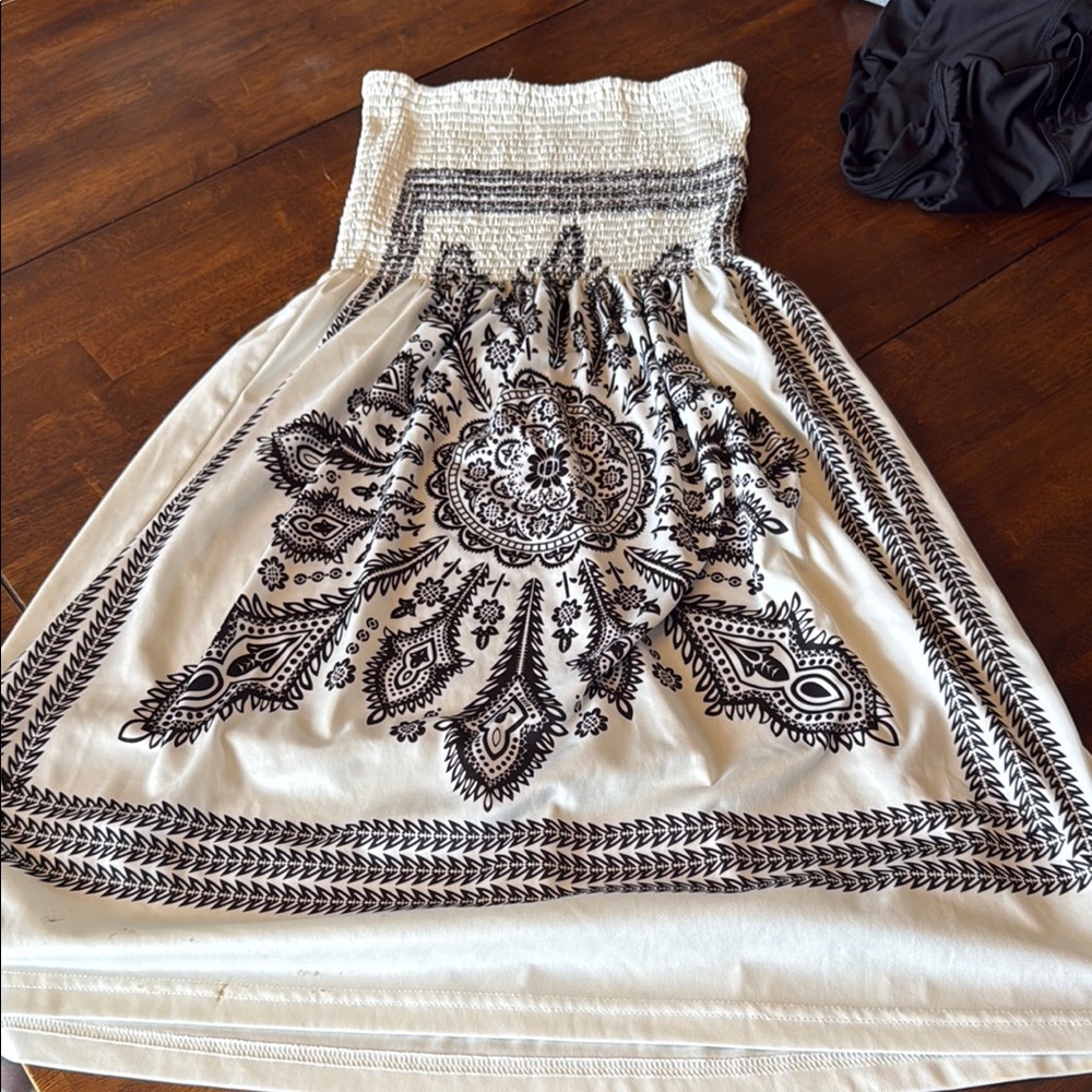 Black and White Smocked Strapless A-Line Dress